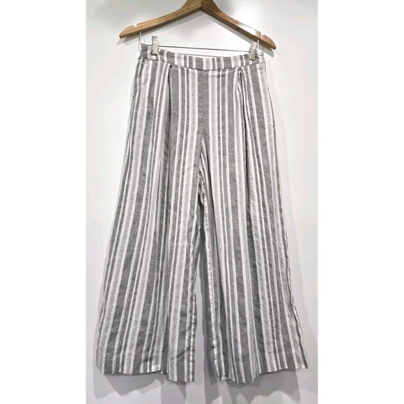 Vince Camuto Linen Blend Pants Crop Gray White Striped Comfort Zip Wide Leg 4‎ - Picture 1 of 8